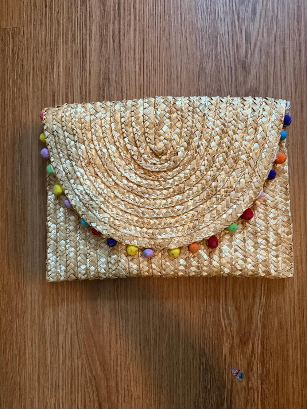 Straw Envelope Clutch with Multicolor Pom-Pom Trim